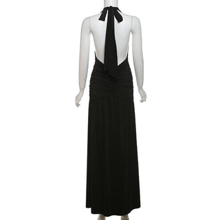 Halter deep v neck ruched backless maxi dress