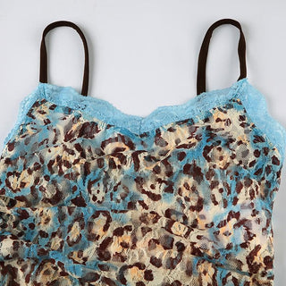 Lace leopard print irregular knotted cami top