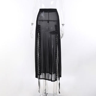 Sheer mesh see through lace up slit solid maxi skirt