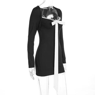 Bowknot long sleeve lace hem v neck mini dress