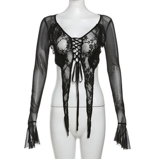 Long flared sleeve mesh see through lace up crop top