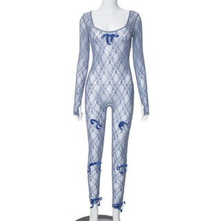 Long sleeve see through bowknot lace jumpsuit