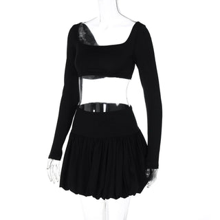 Long sleeve square neck ruched solid mini skirt set