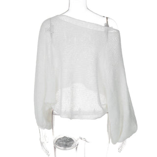 Long puff sleeve knitted one shoulder see through top
