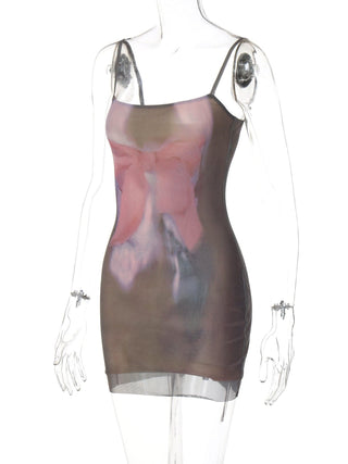 U neck print backless cami mini dress