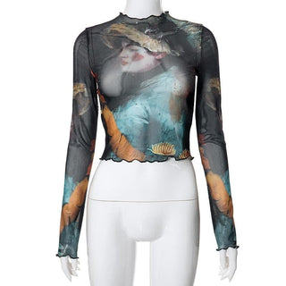 Long sleeve print sheer mesh ruffle crop top