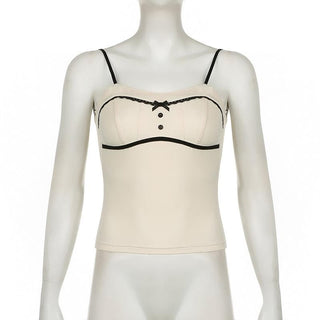 Lace hem button stitch bowknot cami top