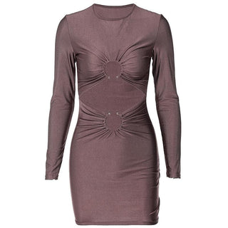Long sleeve solid ruched o ring hollow out cut out mini dress