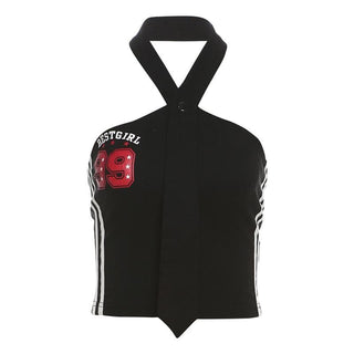 Halter button â€œ99â€ pattern contrast backless crop top