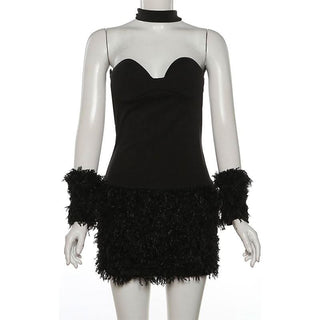 Cross back fluffy halter solid tube mini dress
