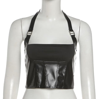 Halter PU leather buckle zip-up stitch solid top