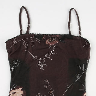 Flower print lace hem mesh cami mini dress