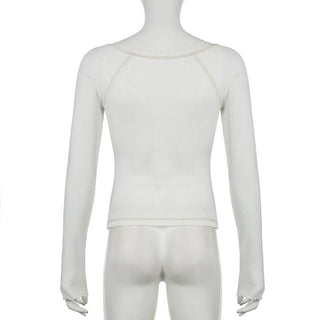 Long sleeve v neck lace hem button top