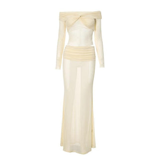 Off shoulder long sleeve ruched sheer mesh maxi skirt set
