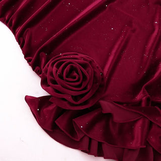 Irregular flower applique velvet v neck ruffle midi dress