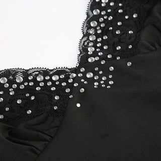 Beaded v neck lace hem backless cami top