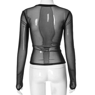 Long sleeve crewneck mesh beaded top