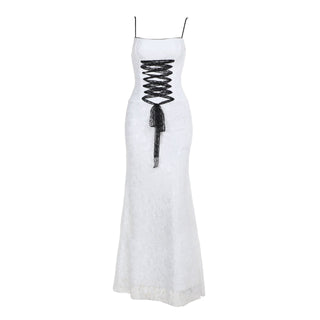 Lace backless lace up cami maxi dress