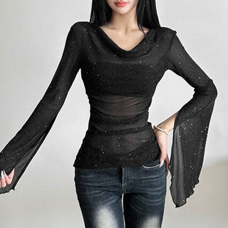 Long sleeve mesh glitter top