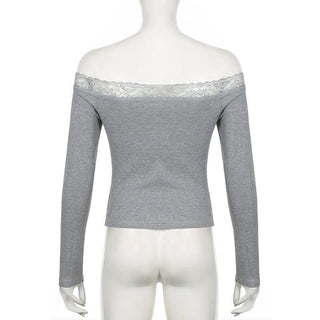 Long sleeve off shoulder ribbed heart pattern lace hem top