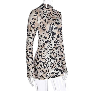 Long sleeve crewneck print backless mini dress