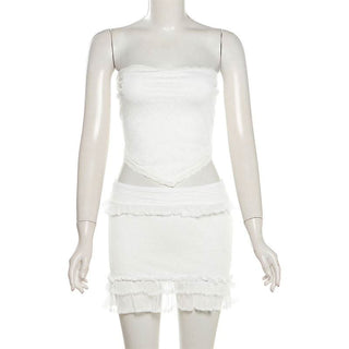 Lace hem backless ruffle tube mini skirt set
