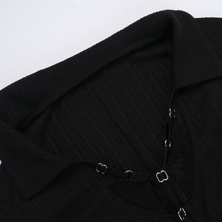 Turnover collar long sleeve fluffy button knitted top