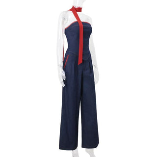 Lace hem lace up corset denim tube top