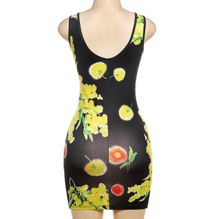 Sleeveless flower print u neck contrast mini dress