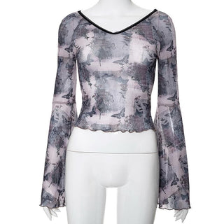 Long flared sleeve butterfly print sheer mesh top