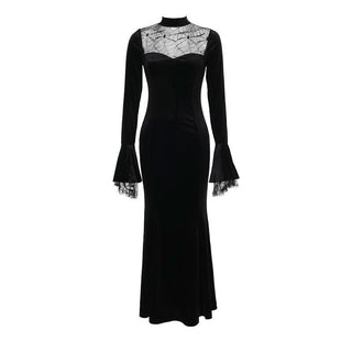 Long flared sleeve velvet patchwork spider web maxi dress