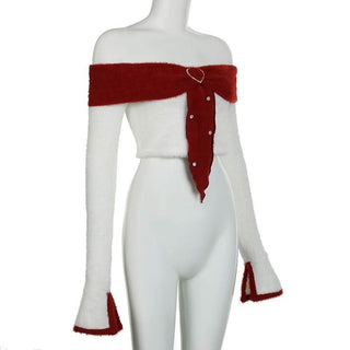 Long sleeve off shoulder fluffy sweetheart applique crop top