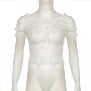 Short puff sleeve ruffle ruched knotted crop top
