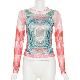 Long sleeve crewneck contrast abstract mesh top