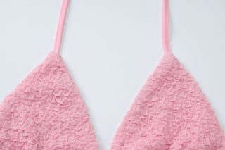 Textured halter self tie v neck solid mini skirt set