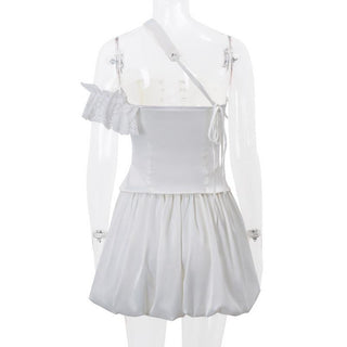 One off shoulder irregular lace up satin ruffle puff skirt set