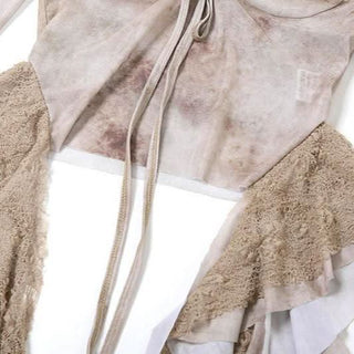 Long sleeve v neck hollow out lace hem halter cut out top