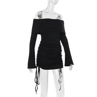 Long flared sleeve off shoulder drawstring mini dress