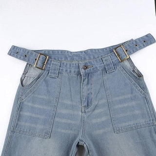 Hollow out belt patchwork button applique jeans-final-sale
