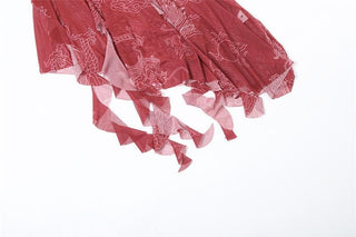 Ruched mesh loong print ruffle tube midi dress