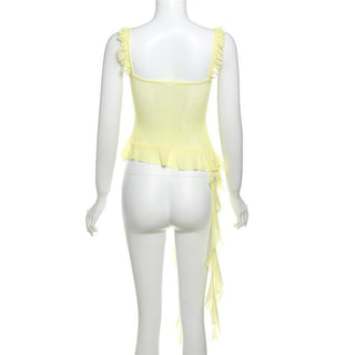 U neck ruffle slit sheer mesh solid cami top