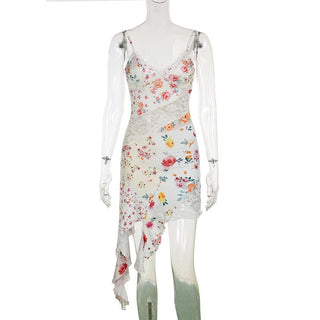 V neck lace hem flower print cami mini dress