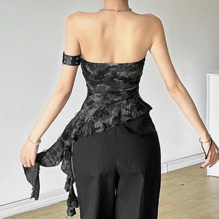 Irregular ruffled sweetheart neck camouflage backless tube top