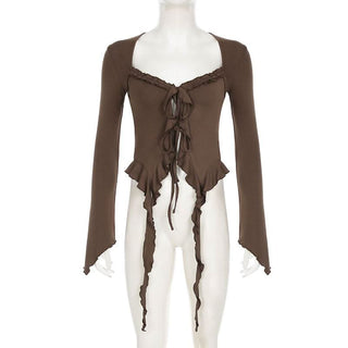 Long sleeve ruffle self tie top