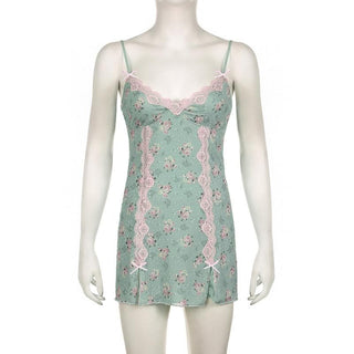 Lace hem bowknot print mesh slit cami mini dress