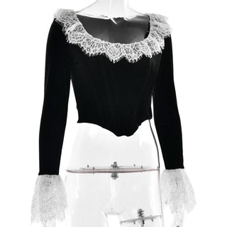 Long flared sleeve lace patchwork velvet zip-up top