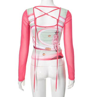 Square neck long sleeve cross back self tie print top