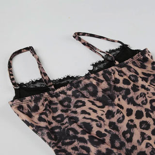 V neck lace hem leopard print cami mini dress