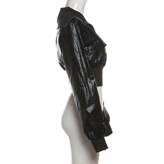 Turnover collar long sleeve PU leather zip-up coat top