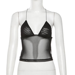 Sheer mesh butterfly applique see through backless solid top